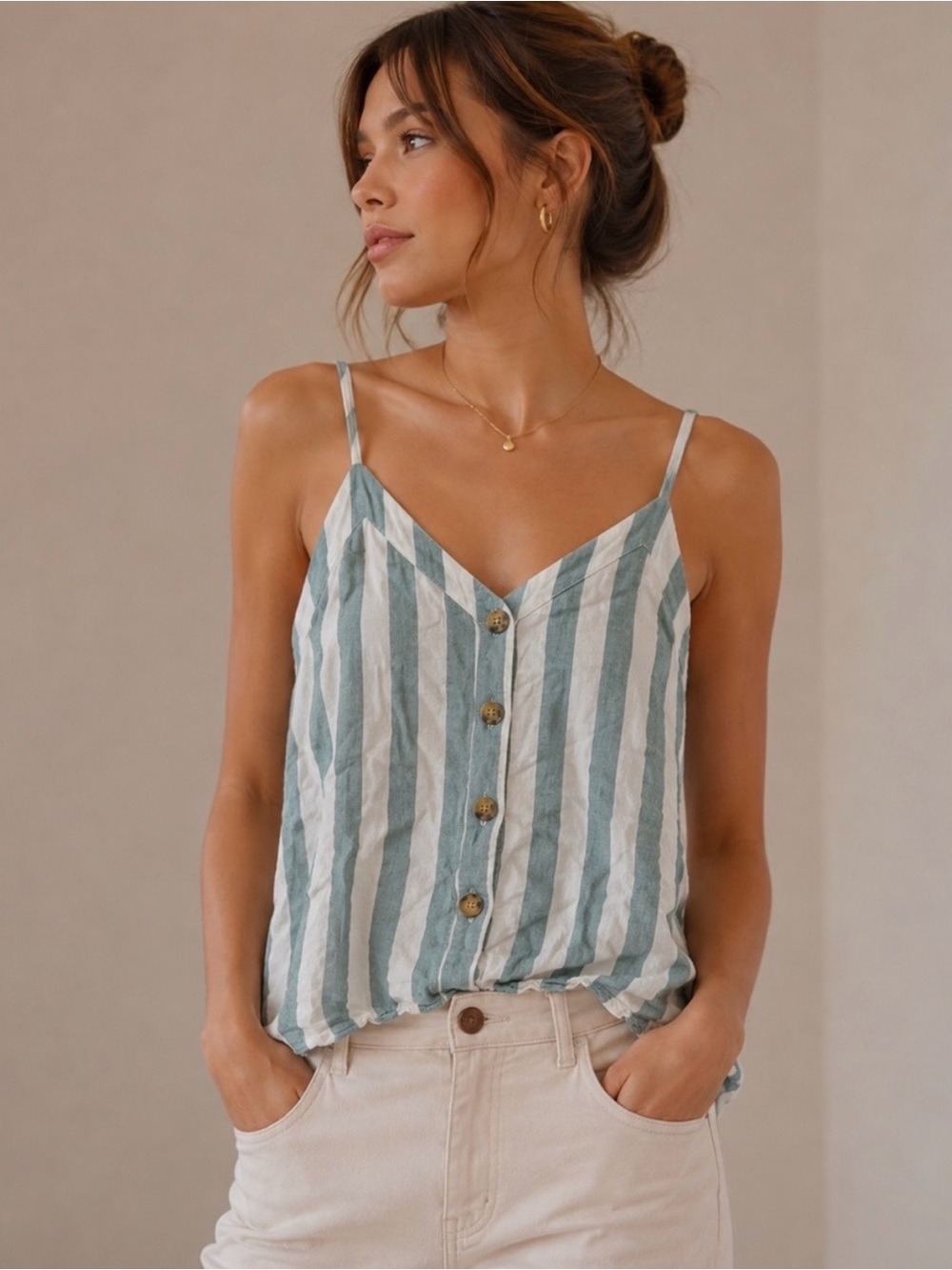 Abercrombie & Fitch Vertical Stripe Button Cami - Sage & White